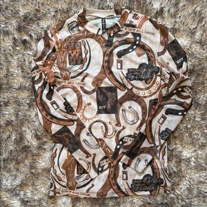 Western Horseshoe Print Long Sleeve Mesh Tee - Brown & Black